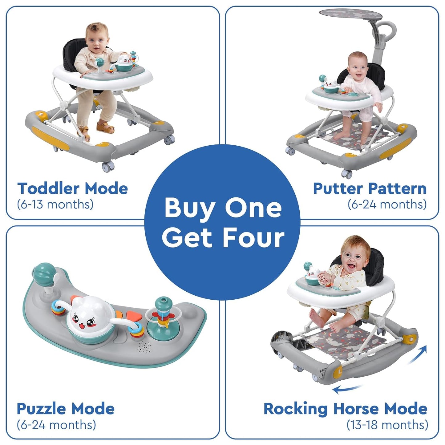 4-in-1 Baby Walker with Rocker, Music & Lights