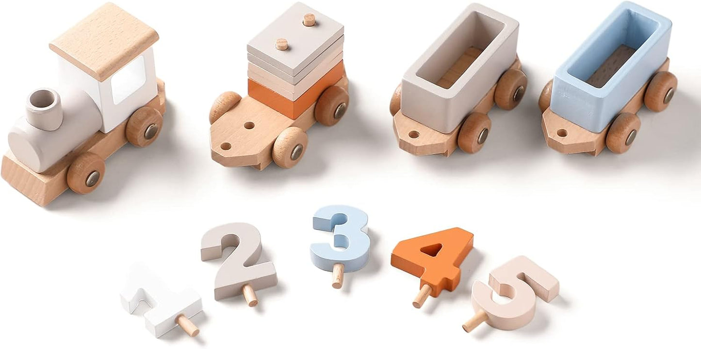 Wooden Train Set with Numbers & Blocks – 12 PCS