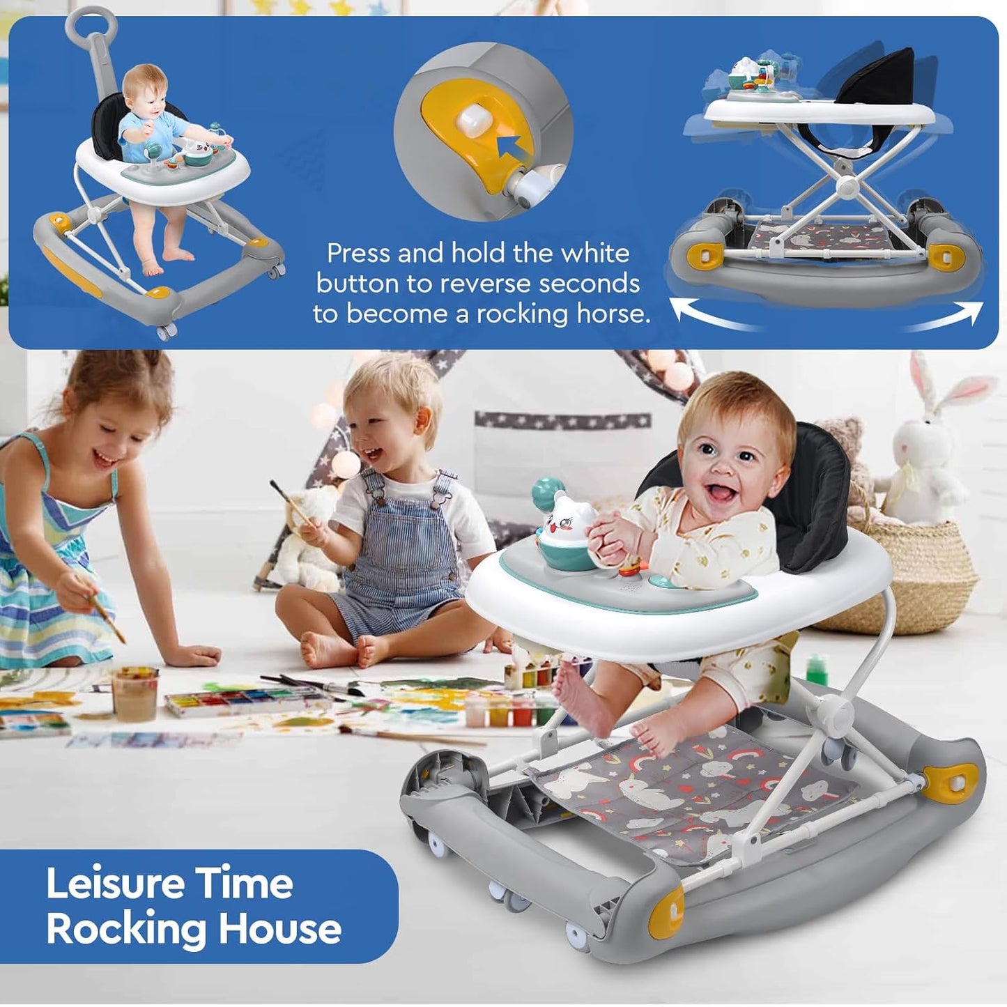 4-in-1 Baby Walker with Rocker, Music & Lights